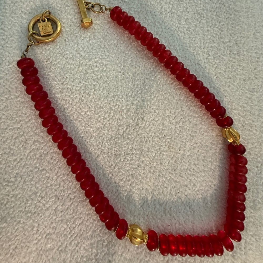 Vintage Signed Karl Lagerfeld Gold Tone Red Glass Bead Necklace 18"